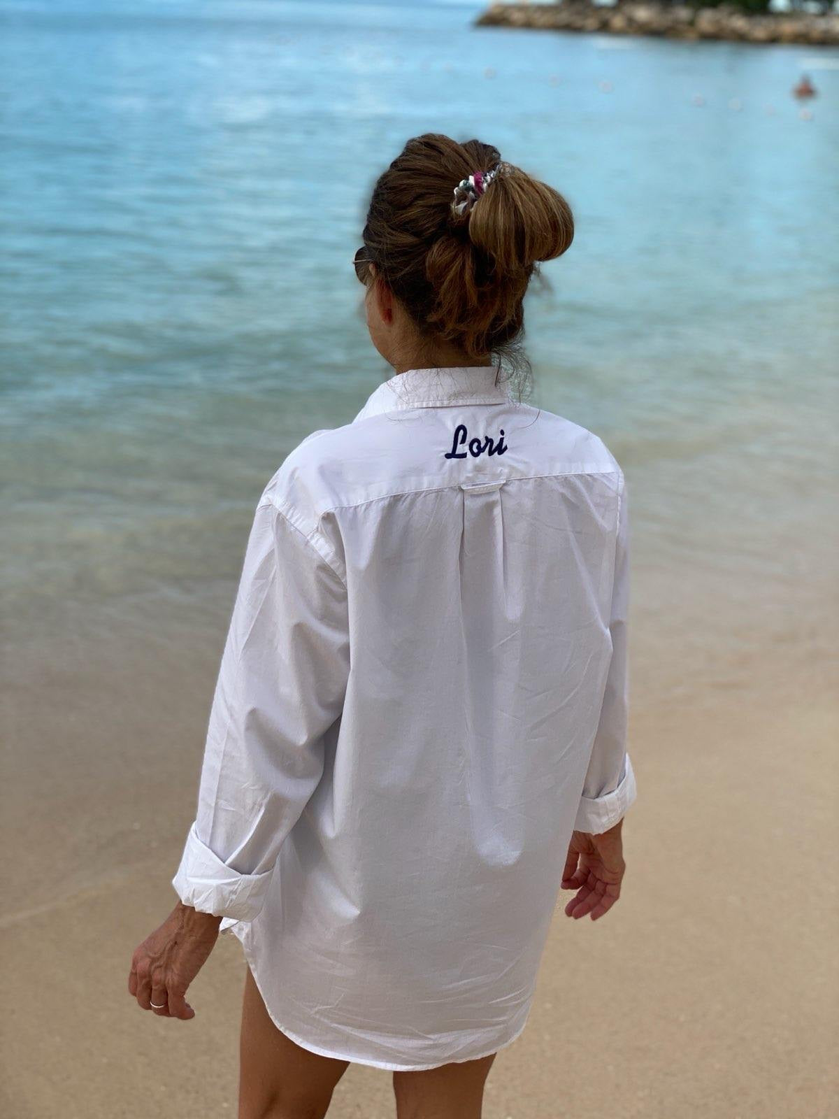Monogrammed White Button Down Beach Shirt